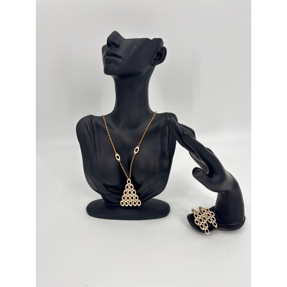 B45 Vintage Ciner Necklace Clip On Earrings Set Pyramid Geometric Statement‎